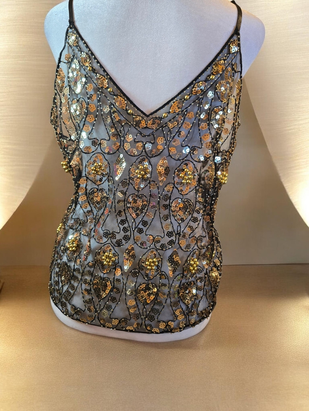Gold Sequin Embellished Black Mesh Cami Top
